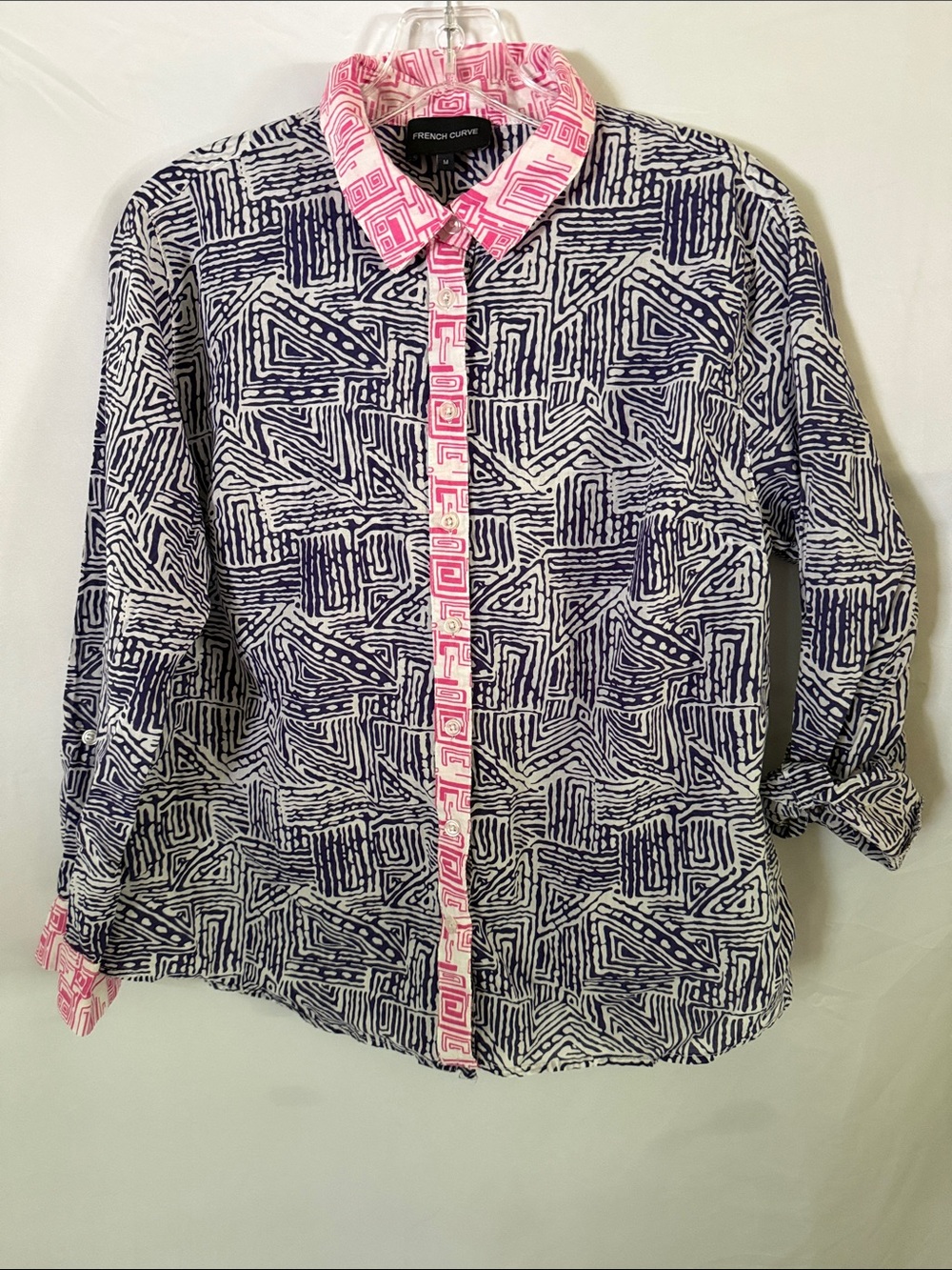 French Curve Navy & White Geo Print Button-Down Blouse with Pink Trim